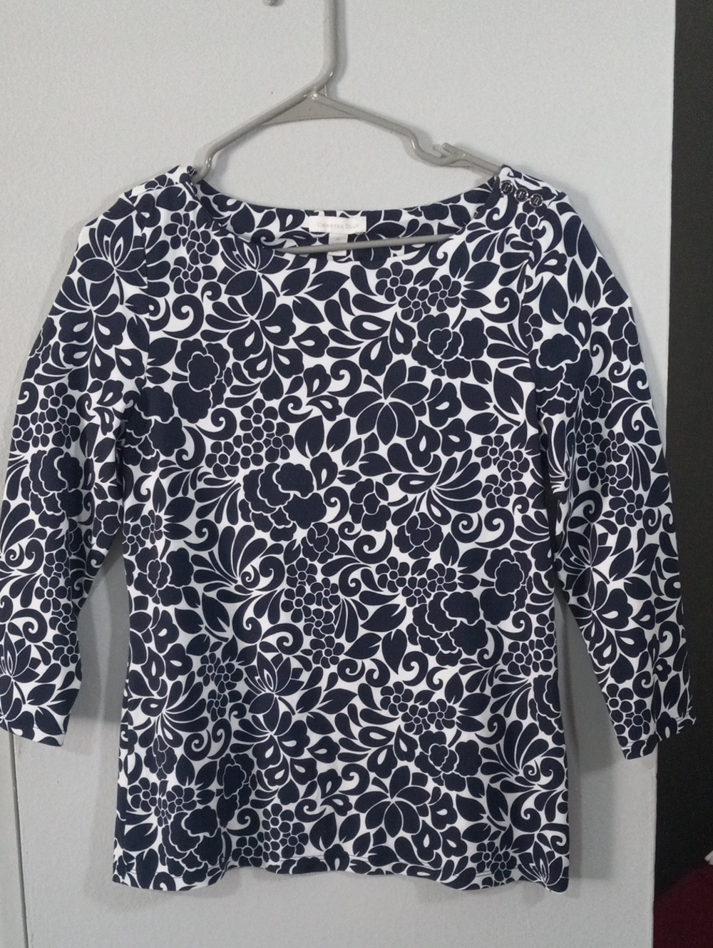 Charter Club Navy and White Floral Scoopneck Top Size M